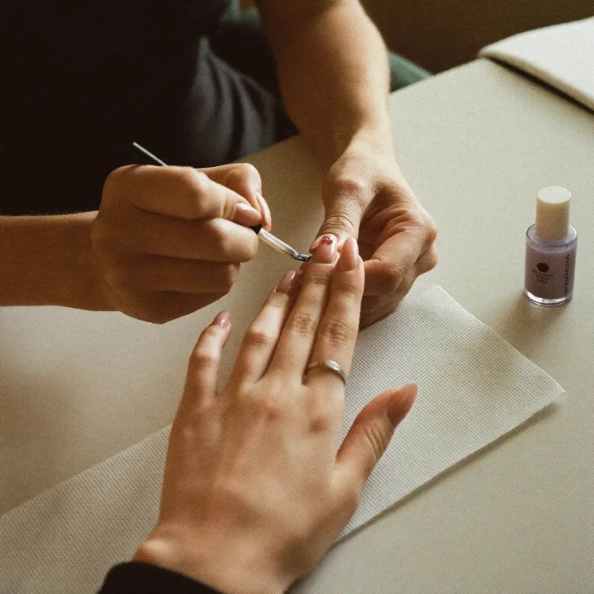 Long almond nails hand-painted with blue and white porcelain-style floral nail art
